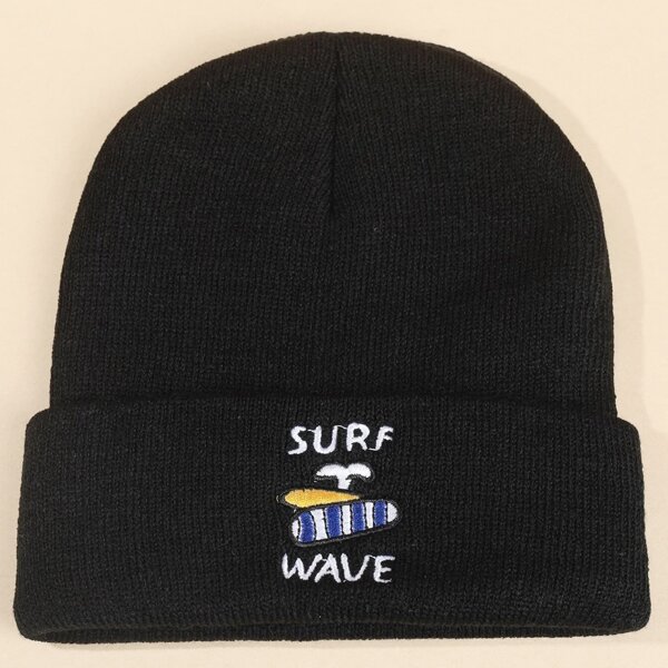 

Men Embroidery Decor Beanie, Black