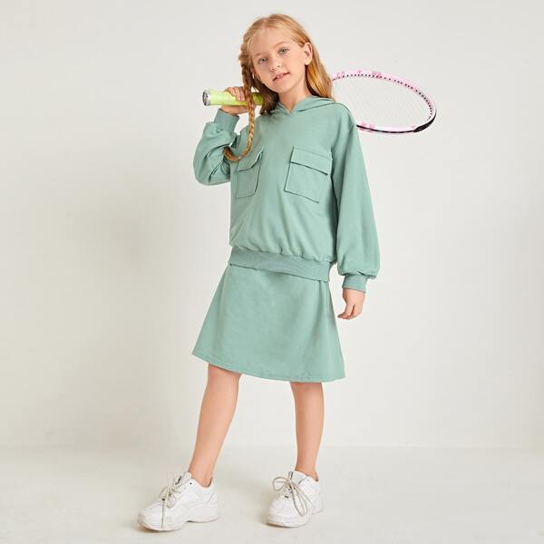 

Girls Flap Pocket Front Hoodie & Skirt Set, Mint green