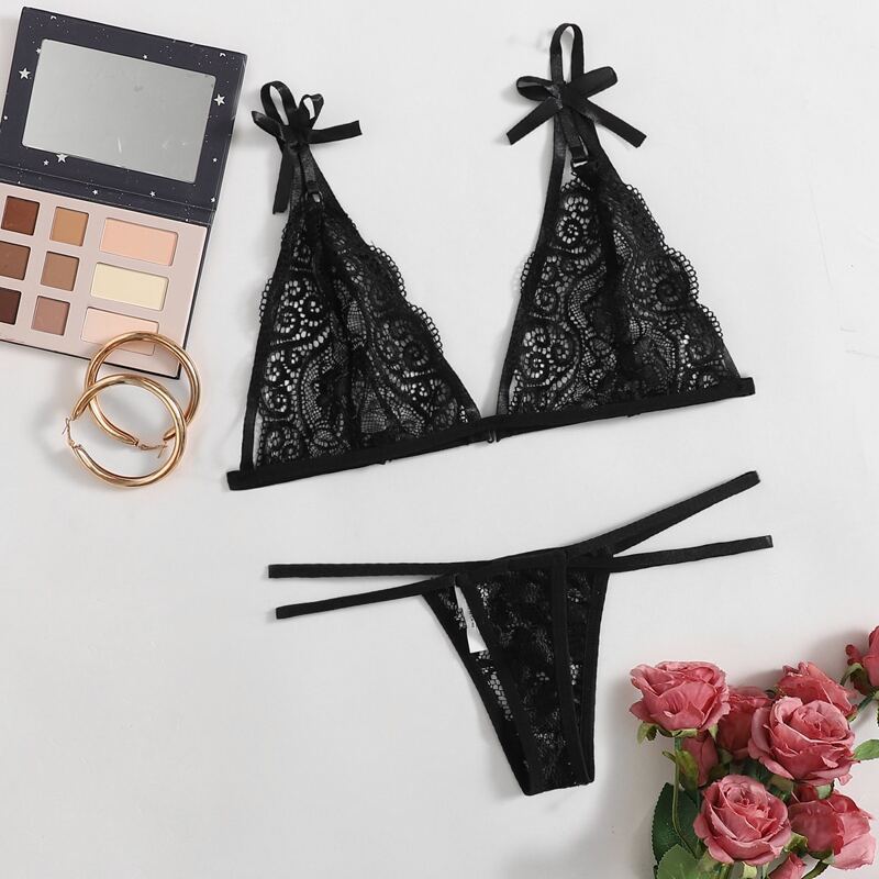 

Floral Lace Cut-out Lingerie Set, Black