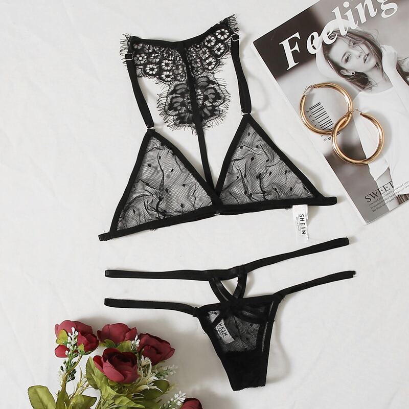 

Eyelash Lace Mesh Cut-out Lingerie Set, Black