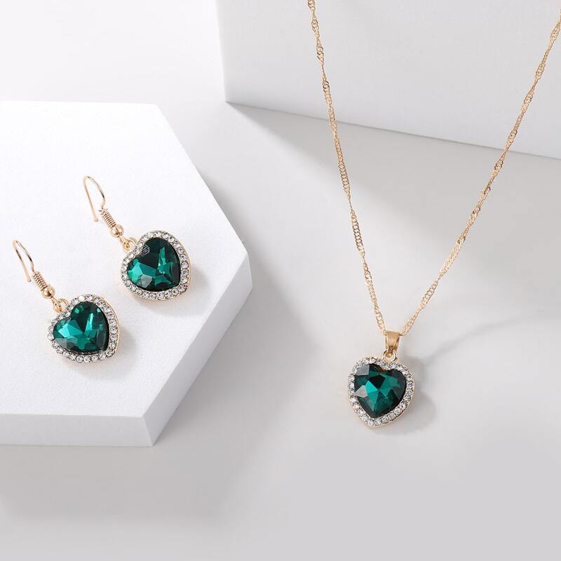 

1pc Gemstone Heart Pendant Necklace & 1pair Earrings, Green