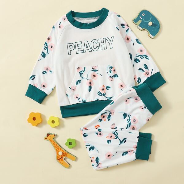 

Baby Girl Floral And Letter Print Sweatshirt & Sweatpants, White