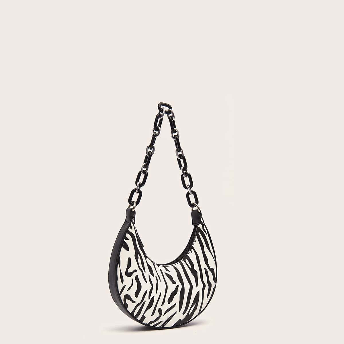 Zebra Striped Moon Shaped Shoulder Bag, Black and white