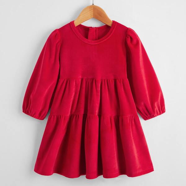 

Baby Girl Velvet Puff Sleeve Smock Dress With Detachable Collar, Red