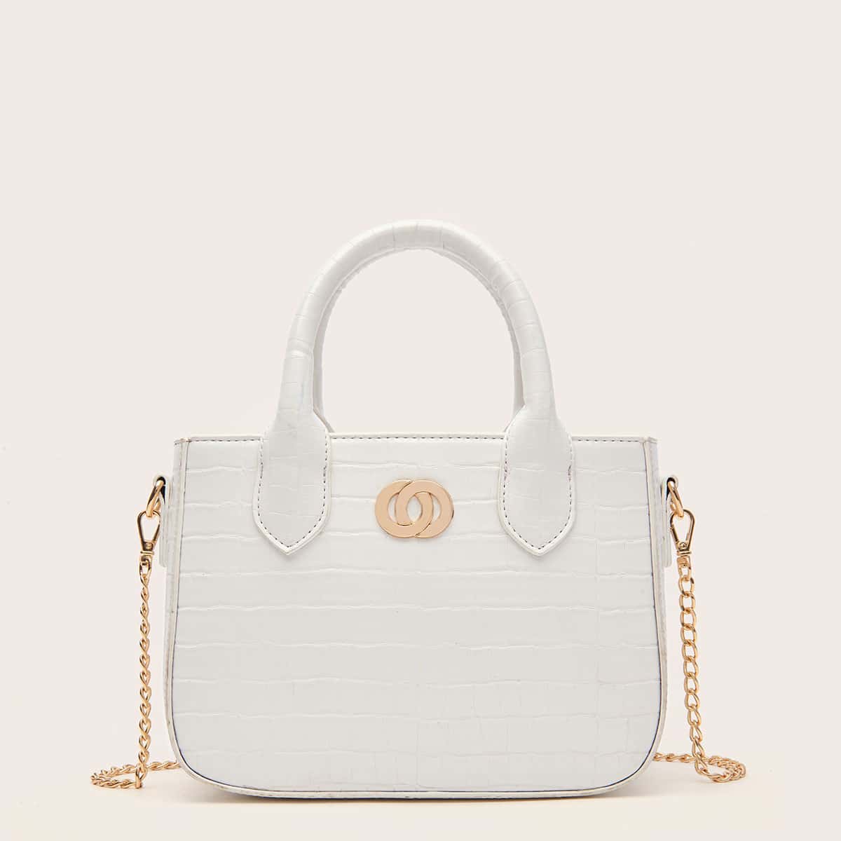 

Croc Embossed Chain Satchel Bag, White