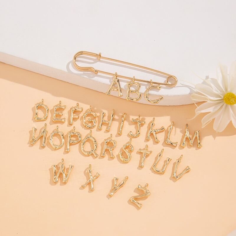 

1pc Letter Charm Safety Pin Brooch With 26pcs Charm, Gold