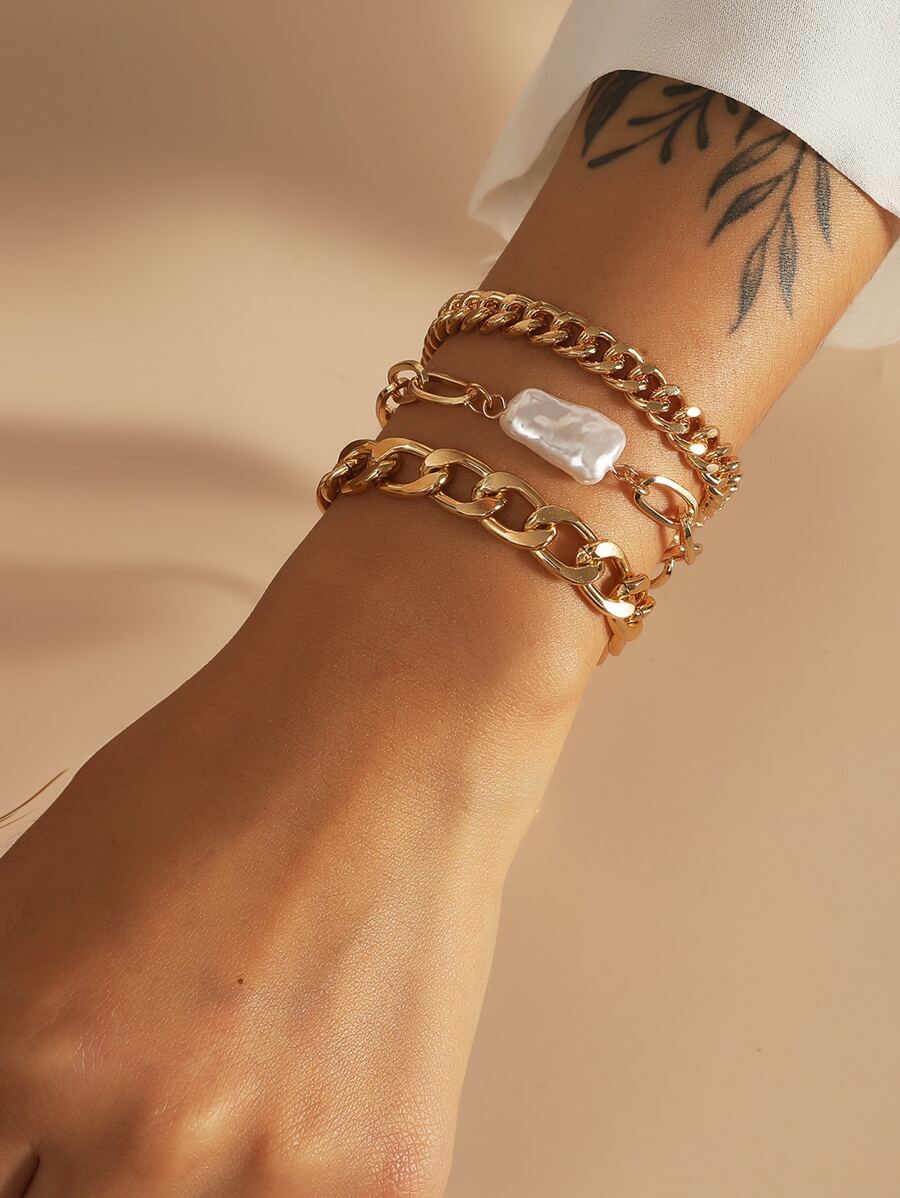 3 cái Faux Pearl Decor Bracelet - Vàng - Xem 1