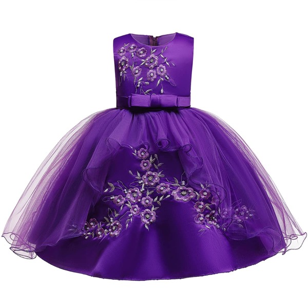 

Baby Girl Mesh Overlay Bow Floral Embroidered Gown Dress, Violet purple