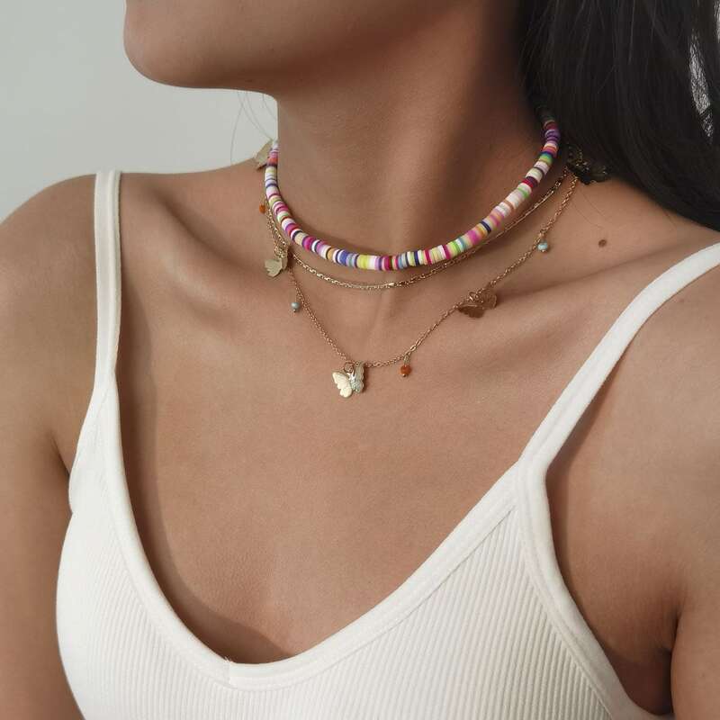 

3pcs Butterfly Layered Circle Necklace, Multicolor