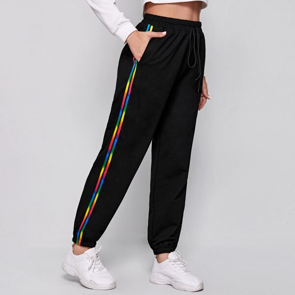 

Rainbow Striped Tape Side Sweatpants, Black
