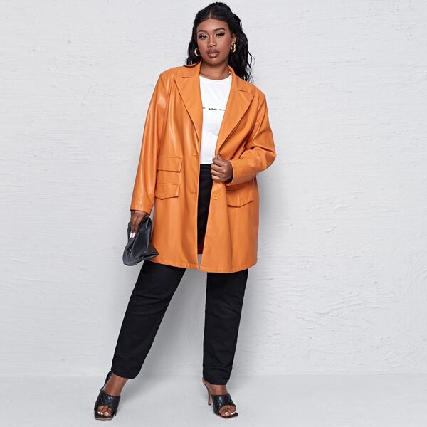 

Plus Single Breasted PU Leather Blazer, Orange