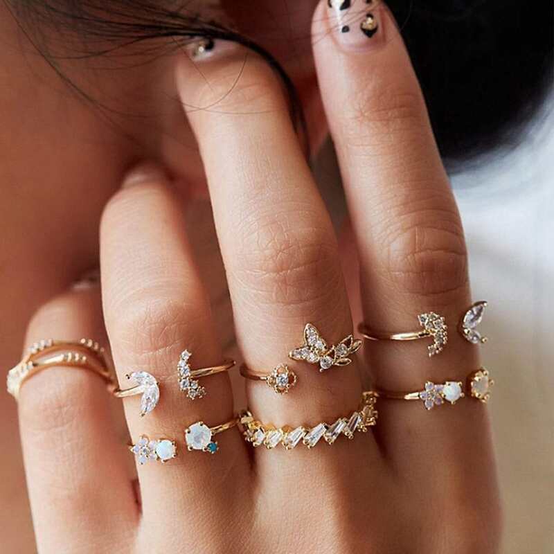 

7pcs Rhinestone Butterfly Ring, Gold