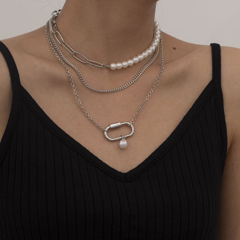 

3pcs Faux Pearl Chain Necklace, Silver