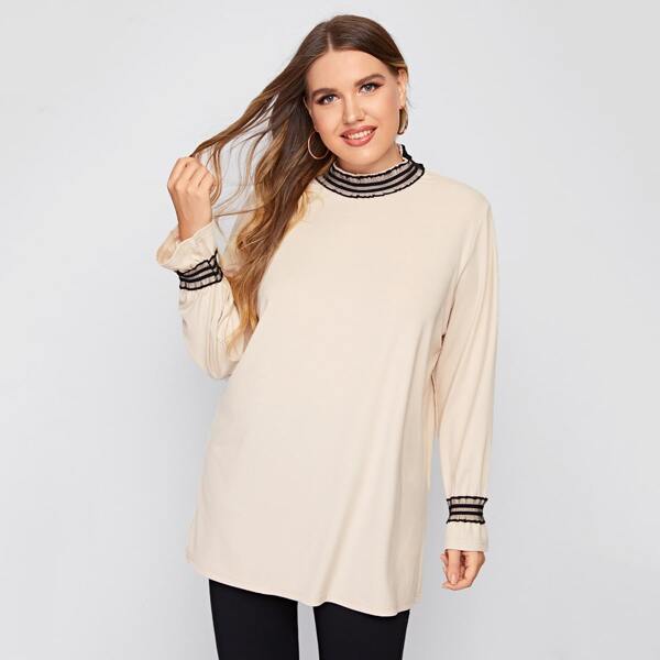 

Plus Contrast Mesh Flounce Sleeve Longline Tee, Apricot
