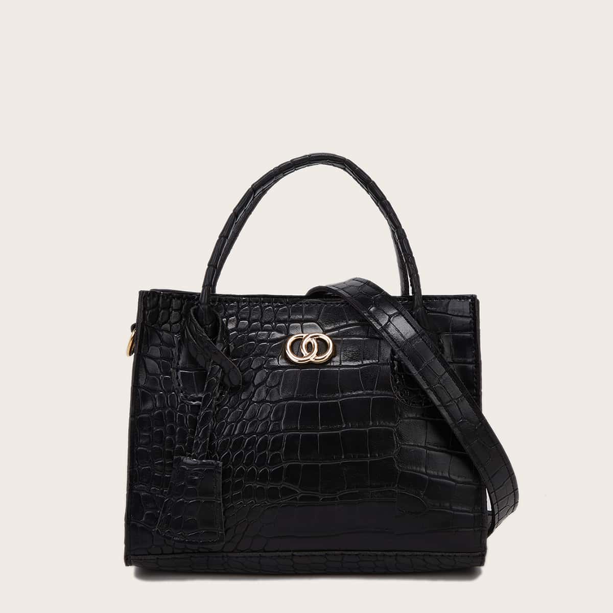 

Croc Embossed Satchel Bag, Black