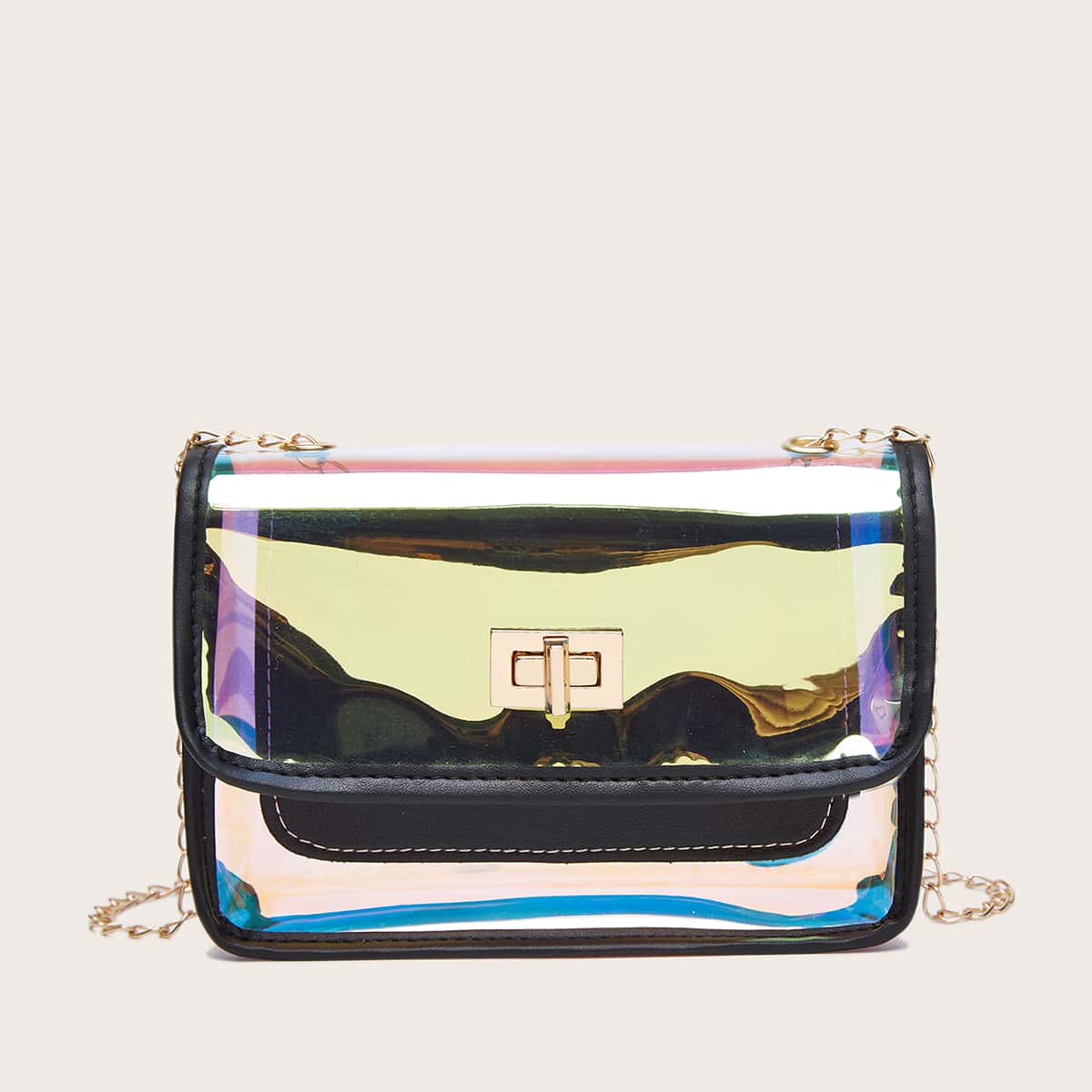 

Holographic Twist Lock Chain Crossbody Bag, Black