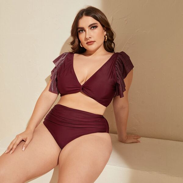 

Plus Twist Front Glitter Ruffle Sleeve Bikini Swimsuit, Burgundy