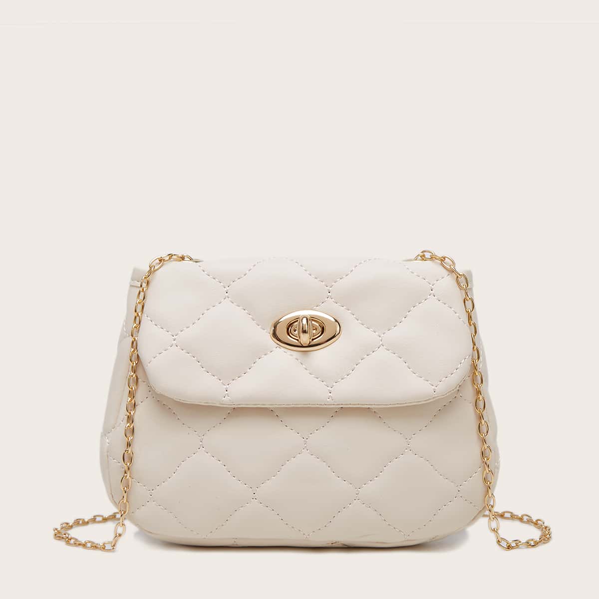 

Quilted Turn-Lock Chain Bag, Beige