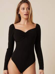 SHEIN BASICS Cotton Sweetheart Neck Ruched Detail Bodysuit - Black - View 4