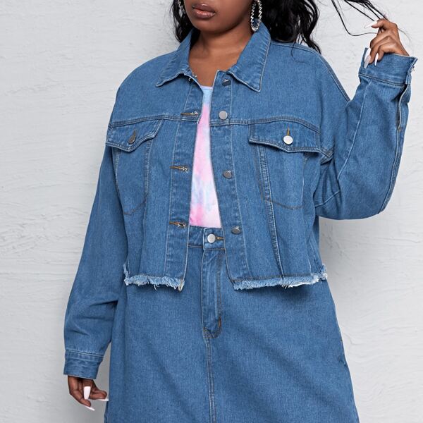 

Plus Flap Detail Raw Hem Denim Jacket & Skirt Set, Medium wash