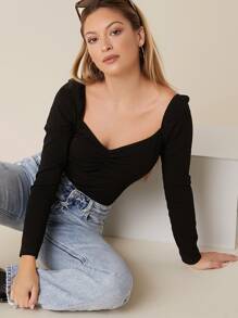 SHEIN BASICS Cotton Sweetheart Neck Ruched Detail Bodysuit - Black - View 5