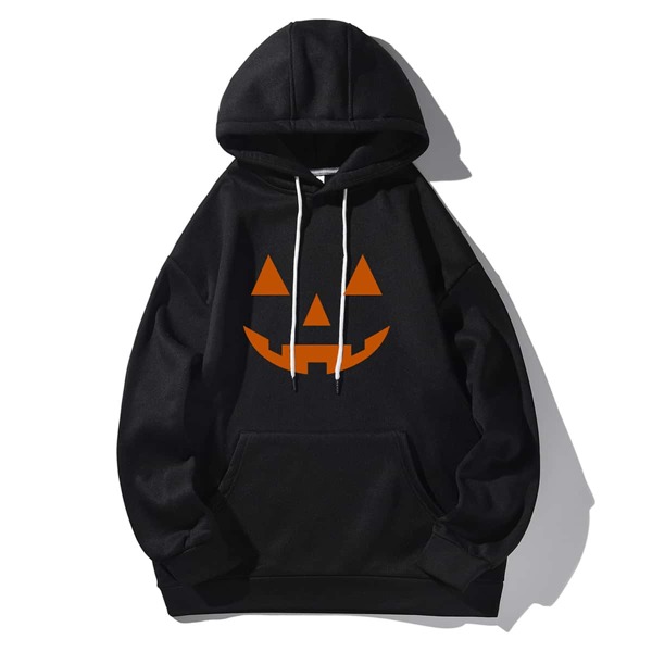 

Men Halloween Print Kangaroo Pocket Drawstring Hoodie, Black