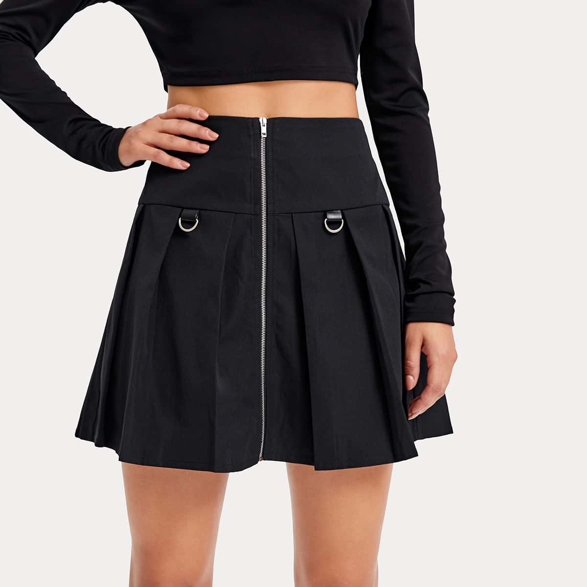 

Solid Zip Up Pleated Skirt, Black