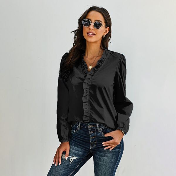 

Ruffle Trim Puff Sleeve Blouse, Black