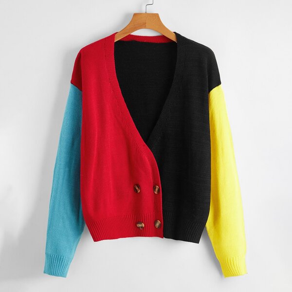 

Plus Double Breasted Colorblock Cardigan, Black