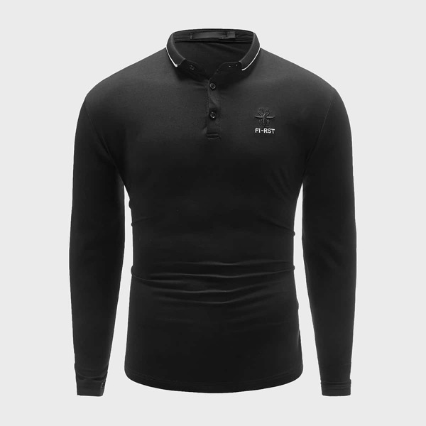 

Men Letter Embroidered Polo Shirt, Black