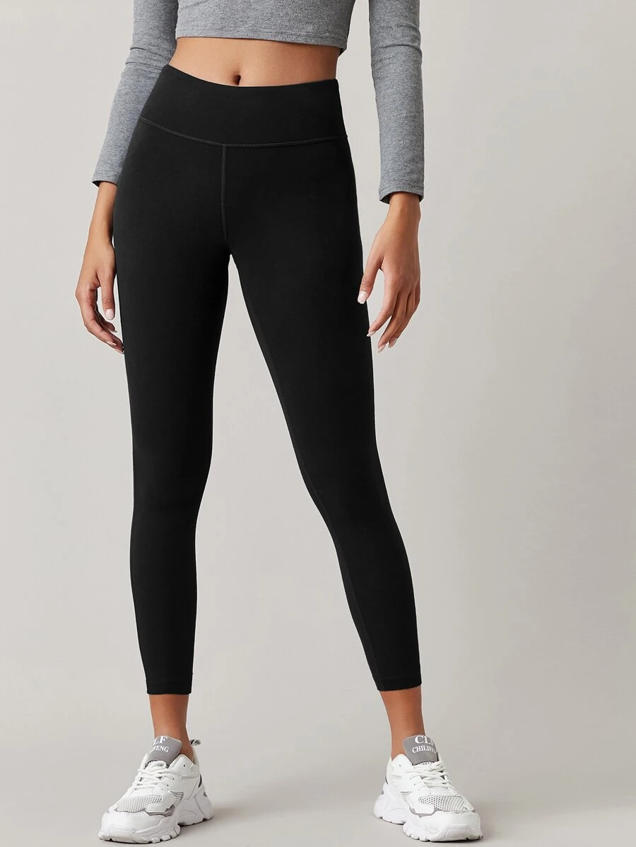 SHEIN BASICS Wide Waistband Solid Leggings - Black - View 1
