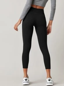 SHEIN BASICS Wide Waistband Solid Leggings - Black - View 2