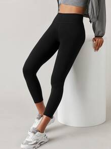 SHEIN BASICS Wide Waistband Solid Leggings - Black - View 5