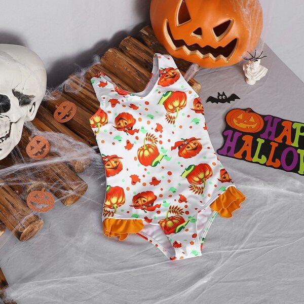 

Toddler Girls Halloween Graphic One Piece Swimsuit, Orange