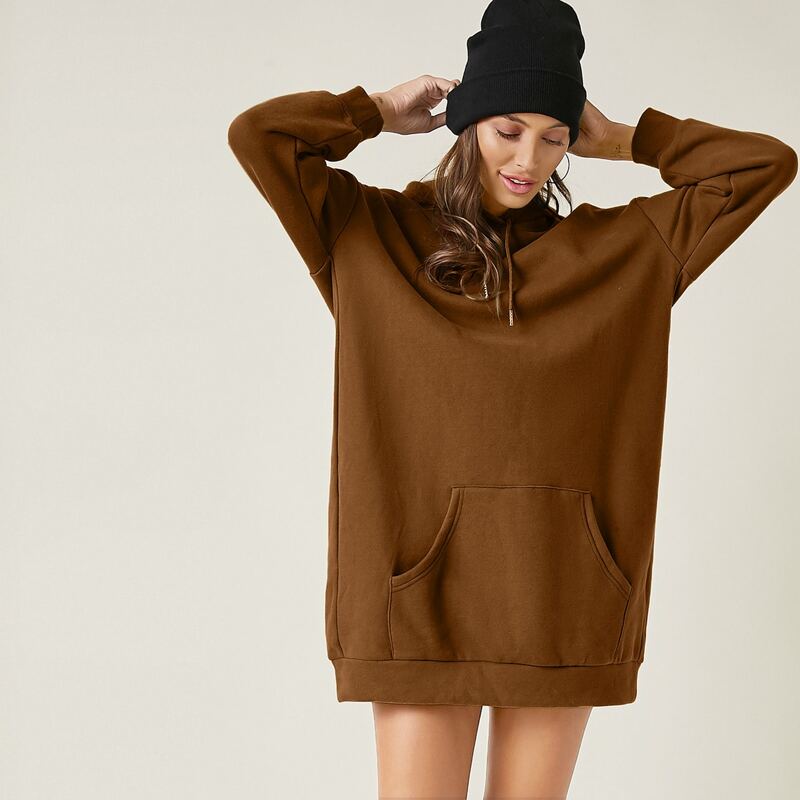 

Drop Shoulder Drawstring Hooded Sweatshirt Dress, Brown