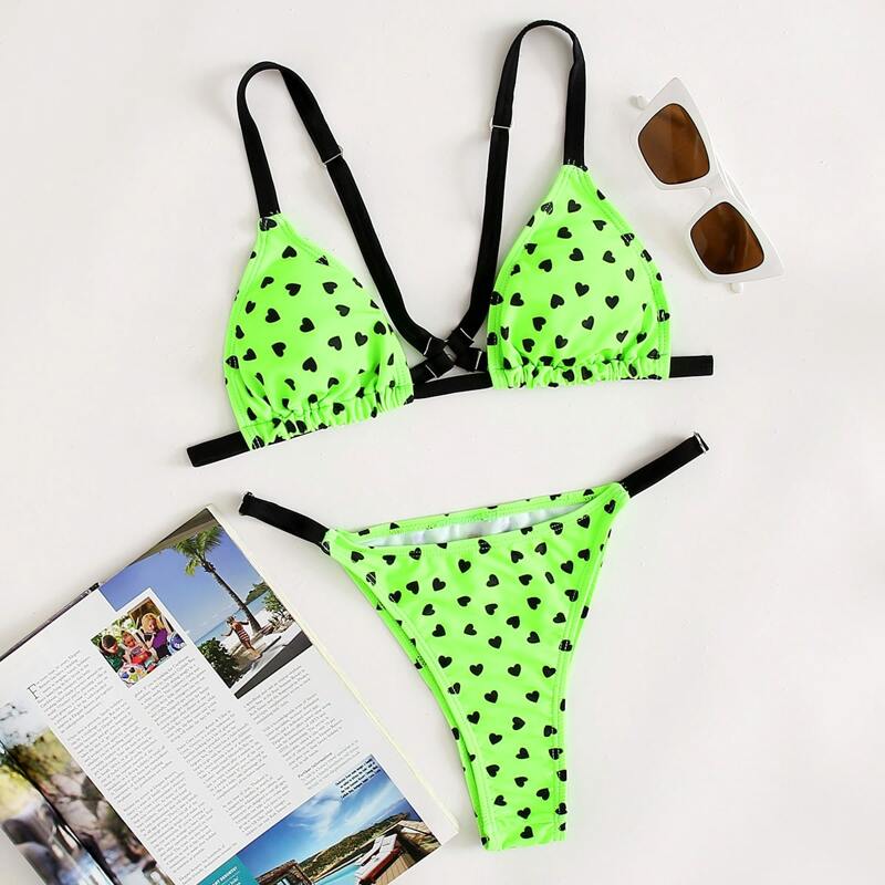 

Heart Print Triangle Thong Bikini Swimsuit, Green neon