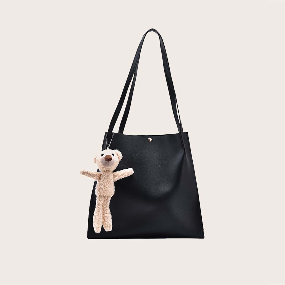 

Solid Tote Bag & Bear Bag Charm, Black