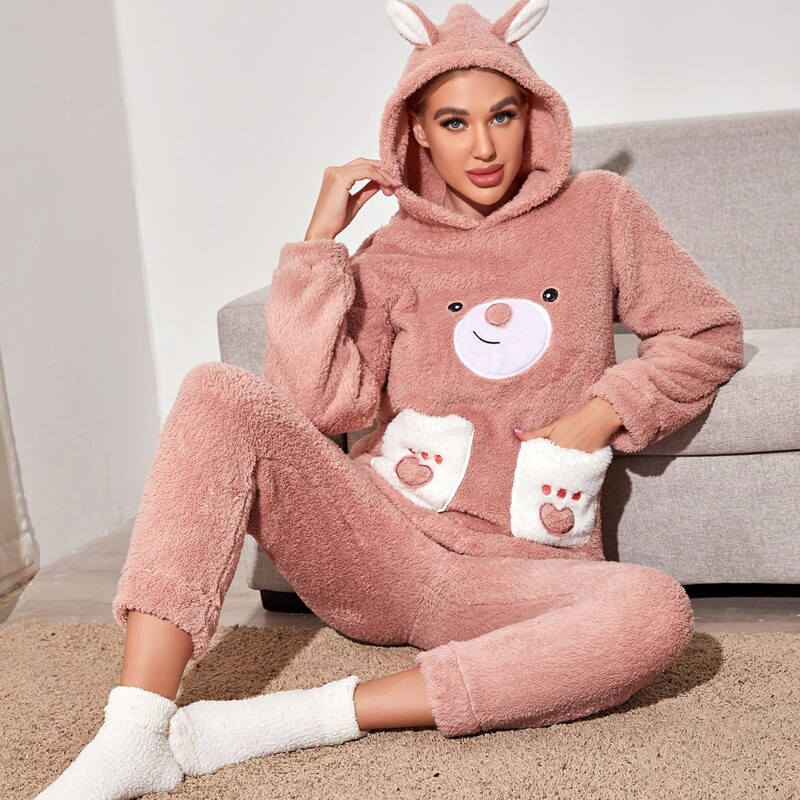 

3D Ears Patched Flannel Pajama Set, Dusty pink