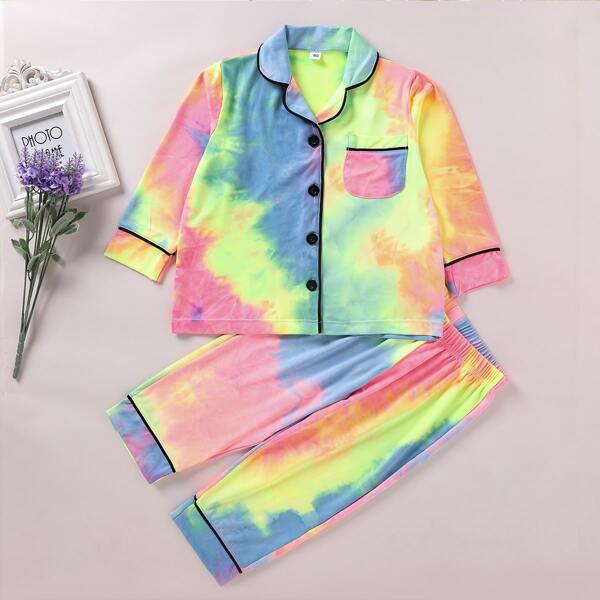 

Toddler Girls Tie Dye Button Front Lapel Collar PJ Set, Multicolor