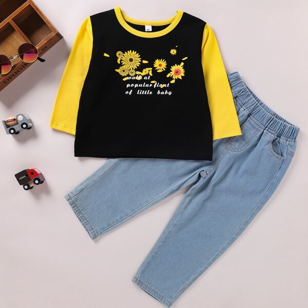 

Toddler Girls Floral & Slogan Graphic Color-block Tee & Jeans, Multicolor