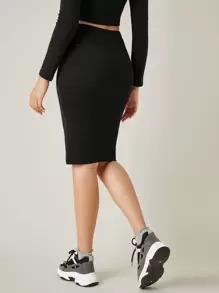 SHEIN BASICS Cotton Elastic Waist Solid Rib-knit Skirt - Black - View 2
