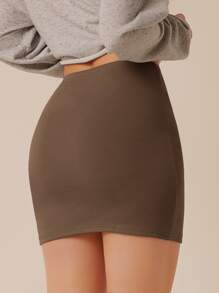 SHEIN BASICS Cotton Solid Bodycon Skirt - Mocha Brown - View 2