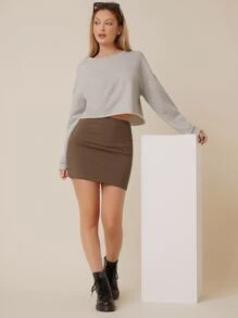 SHEIN BASICS Cotton Solid Bodycon Skirt - Mocha Brown - View 5