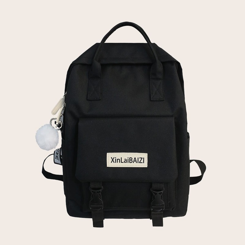 

4pcs Pom Pom Letter Backpack Set, Black