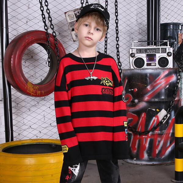 

Boys Striped Letter Pattern Drop Shoulder Sweater, Multicolor