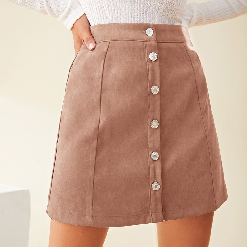 

Button Front Solid Mini Skirt, Dusty pink