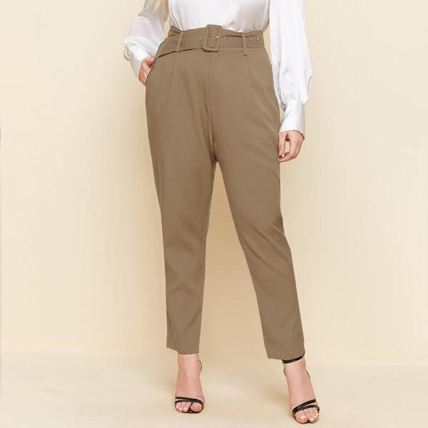 

Plus Solid Belted Tailored Pants, Mocha brown