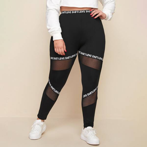 

Plus Letter Graphic Mesh Insert Leggings, Black
