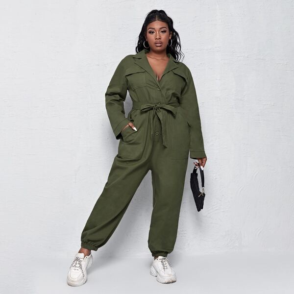 

Plus Solid Belted Cargo Jumpsuit, Army green