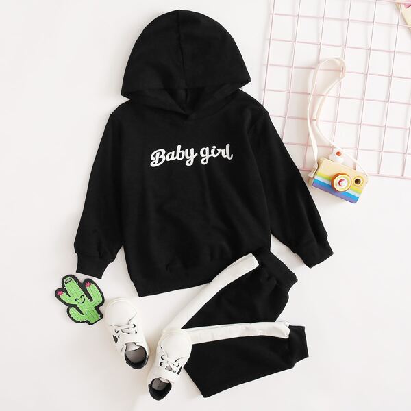 

Toddler Girls Letter Print Hoodie & Sweatpants, Black
